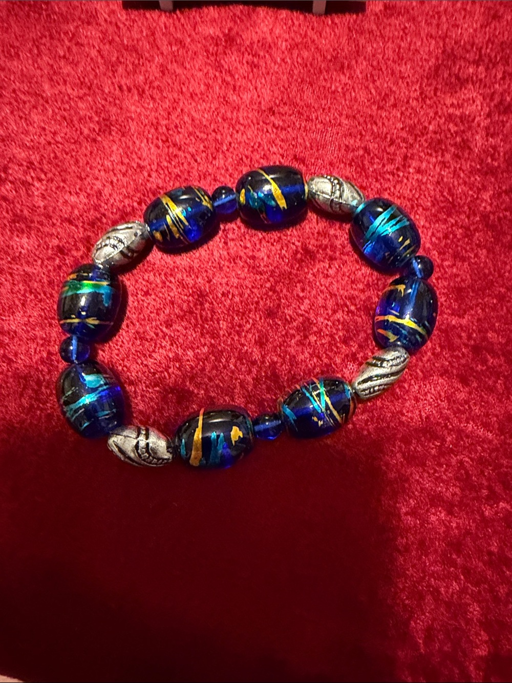 Handmade Murano Blue Glass Beaded Stretch Bracelet 6”-8 great condition